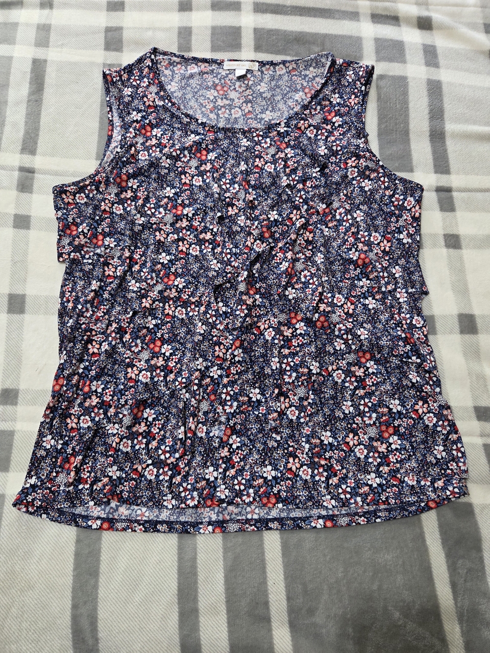 Floral Ruffle Tank Top in Navy with Pink & White Blooms